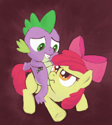 Size: 1000x1116 | Tagged: safe, artist:tranquilmind, apple bloom, spike, dragon, pony, g4, annoyed, apple bloom is not amused, dragons riding ponies, female, male, riding, ship:spikebloom, shipping, spike riding apple bloom, straight