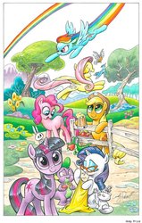 Size: 584x918 | Tagged: safe, artist:andy price, angel bunny, applejack, fluttershy, gummy, opalescence, pinkie pie, rainbow dash, rarity, spike, twilight sparkle, unicorn, g4, official, female, glasses, mane seven, unicorn twilight