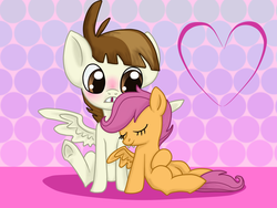 Size: 1024x768 | Tagged: safe, artist:lucyspicystrawberry, featherweight, scootaloo, g4, blushing, colt, eyes closed, female, filly, foal, male, ship:scootaweight, shipping, spread wings, straight, wingboner, wings