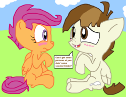Size: 1229x942 | Tagged: safe, artist:tagman007, featherweight, scootaloo, g4, blushing, colt, female, filly, foal, male, ship:scootaweight, shipping, sitting, straight