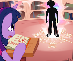 Size: 1200x1000 | Tagged: safe, artist:dr. cane, twilight sparkle, oc, oc:generic messy hair anime anon, human, g4, human in equestria