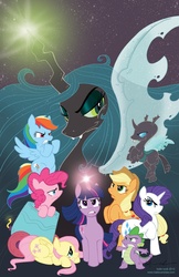 Size: 792x1224 | Tagged: safe, artist:katie cook, applejack, fluttershy, pinkie pie, queen chrysalis, rainbow dash, rarity, spike, twilight sparkle, changeling, changeling queen, dragon, earth pony, pegasus, pony, unicorn, g4, official, cannon, cover art, female, male, mane seven, mare, pony cannonball, unicorn twilight