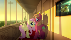 Size: 1600x900 | Tagged: safe, artist:gign-3208, big macintosh, fluttershy, pegasus, pony, g4, 42, blushing, female, male, ship:fluttermac, shipping, straight, sunset, thunderstorm, train