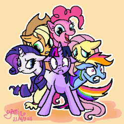 Size: 400x400 | Tagged: safe, artist:yamino, applejack, fluttershy, pinkie pie, rainbow dash, rarity, twilight sparkle, alicorn, earth pony, hydra, hydra pony, pegasus, pony, unicorn, g4, appleflaritwidashpie, eye twitch, female, floppy ears, frown, fusion, fusion:applejack, fusion:fluttershy, fusion:pinkie pie, fusion:rainbow dash, fusion:rarity, fusion:twilight sparkle, gritted teeth, looking at you, mane six, mane six hydra, multiple heads, open mouth, six heads, smiling, we have become one, what has science done, wide eyes, you need me