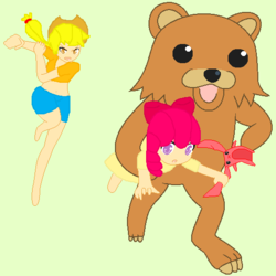 Size: 524x525 | Tagged: safe, artist:dj crossbones, apple bloom, applejack, human, g4, barefoot, feet, humanized, kidnapped, pedobear, trio