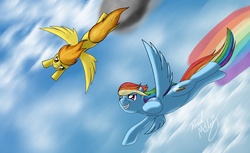 Size: 2702x1656 | Tagged: safe, artist:bigponymac, rainbow dash, spitfire, pegasus, pony, g4, cloud, female, flying, mare, sky