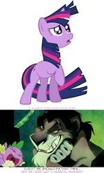 Size: 699x1157 | Tagged: safe, spike, twilight sparkle, big cat, dragon, lion, pony, unicorn, g4, season 3, the crystal empire, crossover, crystal empire, female, flowing mane, male, mare, psyga's alternate pony scenes, scar, scar (the lion king), simple background, the lion king, unicorn twilight, white background, windswept mane