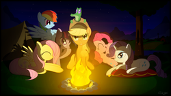 Size: 1920x1080 | Tagged: safe, artist:gign-3208, applejack, fluttershy, gummy, pinkie pie, rainbow dash, rarity, twilight sparkle, g4, campfire, female, mane six