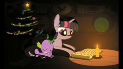 Size: 1920x1080 | Tagged: safe, artist:gign-3208, spike, twilight sparkle, g4, christmas, reading, sleeping