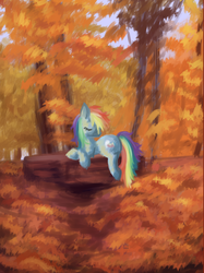 Size: 865x1156 | Tagged: safe, artist:deadgirlslikeme, rainbow dash, pony, g4, autumn, eyes closed, female, leaves, solo, tree