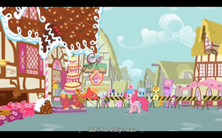 Size: 1024x640 | Tagged: safe, screencap, berry punch, berryshine, big macintosh, bon bon, carrot cake, carrot top, daisy, flower wishes, golden harvest, linky, pinkie pie, shoeshine, sweetie drops, earth pony, pony, g4, mmmystery on the friendship express, cake transport, holding a sign, hoof hold, male, ponyville, stallion, youtube caption