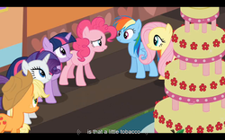 Size: 1024x640 | Tagged: safe, edit, edited screencap, screencap, applejack, fluttershy, pinkie pie, rainbow dash, rarity, twilight sparkle, g4, mmmystery on the friendship express, my little pony: friendship is magic, female, youtube caption