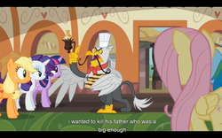 Size: 1024x640 | Tagged: safe, edit, edited screencap, screencap, applejack, fluttershy, gustave le grande, rainbow dash, rarity, twilight sparkle, griffon, g4, mmmystery on the friendship express, my little pony: friendship is magic, female, youtube caption