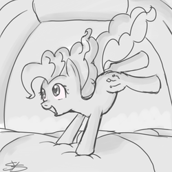 Size: 900x900 | Tagged: safe, artist:speccysy, pinkie pie, earth pony, pony, g4, bouncing, bouncy castle, cute, female, happy, inflatable, mare, monochrome, solo