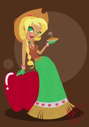Size: 869x1231 | Tagged: safe, artist:licoricebunny, applejack, human, g4, apple, brown background, clothes, dress, female, food, gala dress, hat, humanized, lipstick, pie, simple background, solo