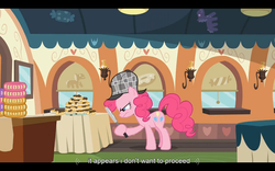 Size: 1024x640 | Tagged: safe, screencap, pinkie pie, earth pony, pony, g4, mmmystery on the friendship express, deerstalker, detective, female, hat, magnifying glass, mare, sherlock pie, solo, youtube caption