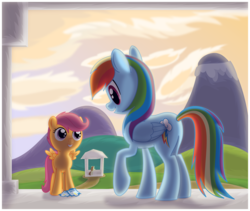 Size: 983x830 | Tagged: safe, artist:ctb-36, rainbow dash, scootaloo, pegasus, pony, g4, background pony, duo, female, filly, gazebo, looking at each other, mare, mountain, scootalove, ticket