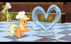 Size: 1024x640 | Tagged: safe, screencap, applejack, earth pony, a canterlot wedding, g4, checkered floor, chef's hat, female, hat, ice sculpture, letterboxing, mare, youtube caption