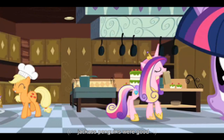 Size: 1024x640 | Tagged: safe, screencap, applejack, princess cadance, twilight sparkle, a canterlot wedding, g4, my little pony: friendship is magic, ^^, bag, bowl, cabinet, cake, canterlot, checkered floor, chef's hat, cooking pot, eyes closed, female, food, frying pan, hat, indoors, kitchen, letterboxing, mare, mouth hold, paper bag, slender, thin, walking away, youtube caption