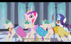 Size: 1024x640 | Tagged: safe, screencap, princess cadance, rarity, a canterlot wedding, g4, canterlot, checkered floor, female, flower, glasses, glowing, glowing horn, horn, letterboxing, mannequin, youtube caption