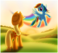 Size: 919x830 | Tagged: safe, artist:ctb-36, applejack, rainbow dash, g4, butt, female, field, plot, sunset