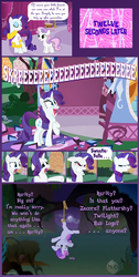 Size: 800x1590 | Tagged: safe, artist:voodoo-tiki, rarity, sweetie belle, pony, unicorn, g4, hearts and hooves day (episode), abuse, bathrobe, clothes, comic, female, forest, fourth wall, hearts and hooves day, hub logo, implied fluttershy, implied twilight sparkle, implied zecora, red eyes, robe, rope, sisters, suspended, sweetiebuse, upside down