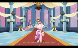 Size: 1024x640 | Tagged: safe, edit, edited screencap, screencap, applejack, fluttershy, pinkie pie, princess cadance, princess celestia, rainbow dash, rarity, spike, earth pony, pegasus, pony, unicorn, a canterlot wedding, g4, butt, candle, canterlot, caption, carpet, castle, checkered floor, female, flower, letterboxing, mare, pillar, plot, red carpet, window, youtube caption