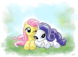 Size: 800x581 | Tagged: safe, artist:kp-shadowsquirrel, fluttershy, rarity, g4, female, lesbian, prone, ship:flarity, shipping, wink