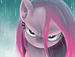 Size: 800x600 | Tagged: dead source, safe, artist:sunibee, pinkie pie, earth pony, pony, g4, angry, bust, death stare, female, frown, looking at you, mare, painting, pinkamena diane pie, portrait, rain, solo