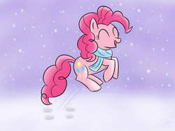 Size: 1024x768 | Tagged: safe, artist:mrfloppemz, pinkie pie, earth pony, pony, g4, clothes, female, jumping, scarf, snow, snowfall, solo, winter