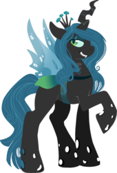 Size: 613x900 | Tagged: safe, artist:anuvia, queen chrysalis, changeling, changeling queen, g4, crown, fangs, female, jewelry, raised hoof, regalia, simple background, smiling, solo, standing, transparent background, transparent wings, wings