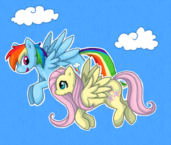 Size: 681x578 | Tagged: safe, artist:breezyrach, fluttershy, rainbow dash, pegasus, pony, g4, duo, female, flying, looking at each other, looking at someone, mare, open mouth, outline, sky background, spread wings, white outline, wings