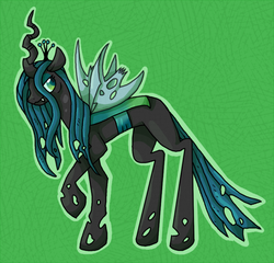 Size: 611x586 | Tagged: safe, artist:breezyrach, queen chrysalis, changeling, changeling queen, g4, fangs, female, frown, green background, raised hoof, simple background, solo, standing