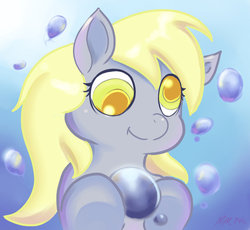 Size: 900x829 | Tagged: safe, artist:meep-and-mushrat, derpy hooves, pegasus, pony, g4, bubble, crepuscular rays, female, mare, ocean, signature, solo, sunlight, swimming, underwater, water