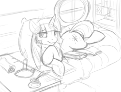 Size: 700x536 | Tagged: safe, artist:dawkz, twilight sparkle, pony, unicorn, g4, bed, bedroom eyes, book, candle, color me, female, mare, monochrome, no distractions, pillow, sketch, solo