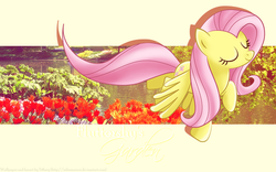 Size: 1280x800 | Tagged: safe, artist:tiffanymarsou, fluttershy, pegasus, pony, g4, drop shadow, eyes closed, female, flying, mare, partial background, raised hoof, smiling, solo, spread wings, wallpaper, wings