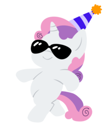 Size: 1138x1280 | Tagged: safe, artist:megasweet, sweetie belle, pony, unicorn, ask smarty belle, g4, female, hat, party hat, simple background, smarty belle, solo, sunglasses, transparent background