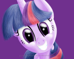 Size: 900x720 | Tagged: safe, artist:shadowphoenixrisen, twilight sparkle, pony, g4, bust, female, looking at you, mare, purple background, simple background, smiling, solo