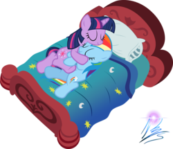 Size: 1600x1379 | Tagged: safe, artist:nightmaremoons, rainbow dash, twilight sparkle, g4, bed, female, lesbian, ship:twidash, shipping, simple background, sleeping, transparent background, vector