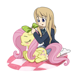 Size: 1000x1000 | Tagged: safe, artist:madmax, fluttershy, human, pegasus, pony, g4, blushing, bow, crossover, cute, eyes closed, k-on, kotobuki tsumugi, shyabetes, simple background, transparent background