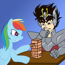 Size: 1000x1000 | Tagged: safe, artist:madmax, rainbow dash, human, pegasus, pony, g4, crossover, female, jenga, male, saint seiya