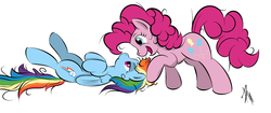 Size: 1900x800 | Tagged: dead source, safe, artist:sonicrainboom93, pinkie pie, rainbow dash, g4, female, lesbian, messy mane, ship:pinkiedash, shipping, smiling, unamused, upside down