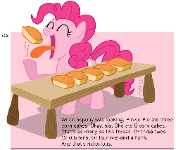 Size: 700x600 | Tagged: safe, artist:kturtle, pinkie pie, earth pony, pony, g4, the cutie pox, and that's terrible, cake, corn cake, eating, eyes closed, female, gif, herbivore, mare, non-animated gif, open mouth, parody, smiling, tongue out