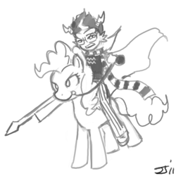 Size: 1280x1280 | Tagged: safe, artist:johnjoseco, pinkie pie, earth pony, pony, g4, ahab's crosshairs, crossover, eridan ampora, female, grayscale, gun, homestuck, male, mare, monochrome, reins, rifle, troll (homestuck), weapon