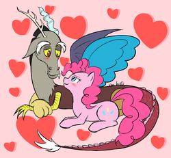 Size: 1872x1728 | Tagged: dead source, safe, artist:itsuko103, discord, pinkie pie, draconequus, pony, g4, duo, female, heart, male, ship:discopie, shipping, straight