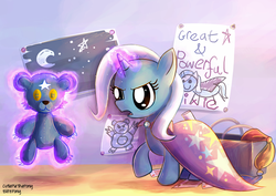 Size: 2400x1700 | Tagged: safe, artist:blitzpony, artist:cutiepiethepony, trixie, pony, unicorn, g4, cape, clothes, cute, diatrixes, female, filly, filly trixie, glowing horn, great and powerful, hnnng, horn, levitation, magic, magic aura, plushie, solo, teddy bear, telekinesis, trixie's cape, ursa plush, younger
