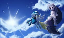 Size: 1800x1080 | Tagged: oc name needed, safe, artist:foolyguy, oc, oc only, pegasus, unicorn, bracelet, clothes, cloud, collar, colored horn, commission, commissioner:superjustinbros, duo, duo male and female, female, flying, goggles, goggles on head, grin, horn, jacket, jewelry, looking at each other, looking at someone, male, mare, shirt, sky, smiling, spread wings, stallion, sun, watch, wings