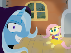 Size: 1600x1200 | Tagged: dead source, safe, artist:therelicofowls, fluttershy, trixie, pegasus, pony, unicorn, g4, apple, disney, disney princess, evil smile, food, grin, smiling, snow white