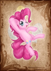 Size: 504x701 | Tagged: safe, artist:skyheavens, pinkie pie, earth pony, pony, g4, cutie mark background, female, looking at you, mare, midair, name, one eye closed, open mouth, open smile, raised hoof, smiling, smiling at you, solo, three quarter view, wink, winking at you