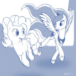 Size: 600x600 | Tagged: safe, artist:warepwn3, pinkie pie, princess luna, g4, duo, monochrome